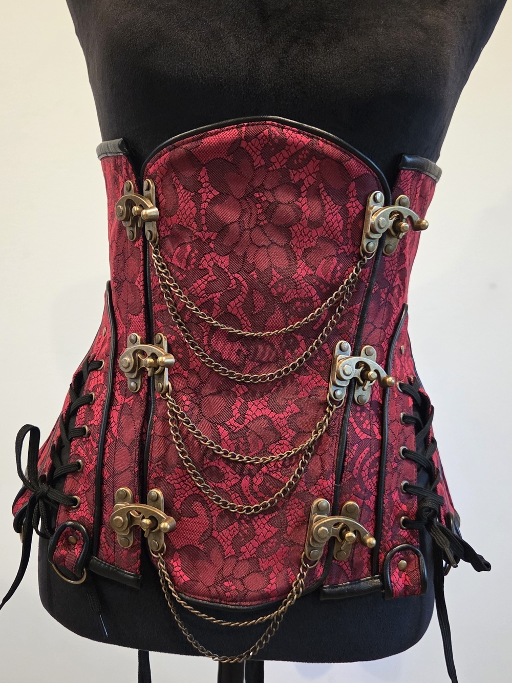 Red Lace Steampunk Corset with Brass Chains